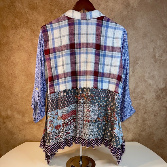 Ali Miles Patchwork Plaid Floral Oversized Boyfriend Shirt 3/4 Sleeves Sz Large - Picture 3 of 10